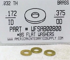#8S Flat Washers Solid Brass .172"ID.x .375"OD. (100)