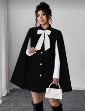 Plus Size Women's Black Button-Up Cape with White Bow Accent