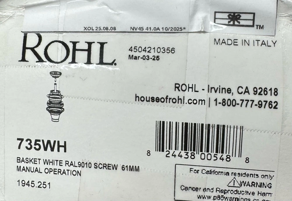 Rohl 735WH 3 1/2" Basket Strainer - Less Pop-Up, White*NEW*