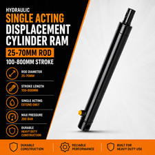 Hydraulic Single Acting Displacement Cylinder Ram 25-70mm Rod, 100-800mm Stroke