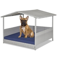 Wicker Dog House Weather-Resistant Raised Rattan Pet Bed w/ Detachable Cushion