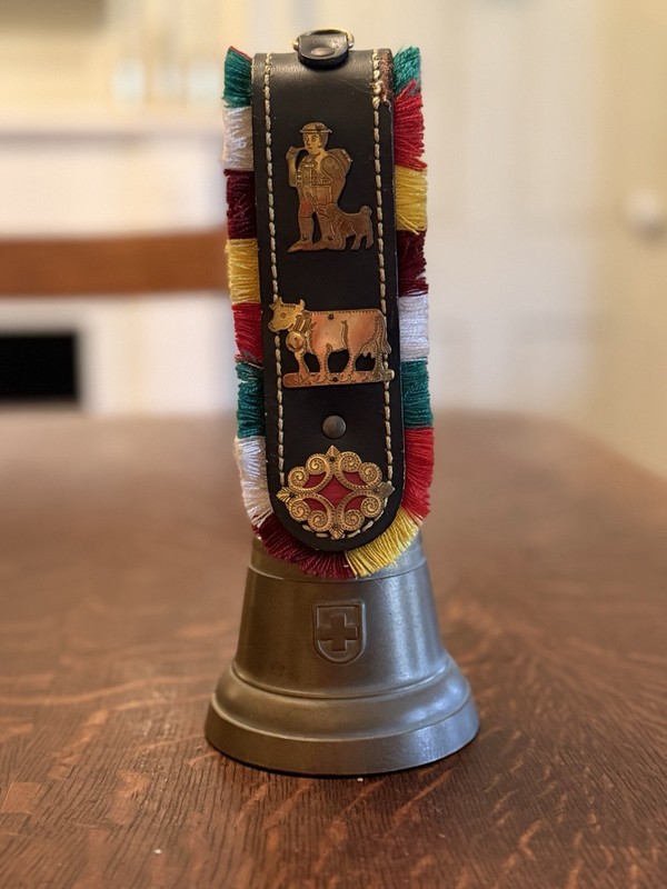 Medium Cow Bell Antique Brass Finish Ethnic Pattern Multicolor Strap Handle