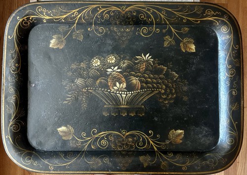 Antikes großes 26" Metall Geschirr Tablett schwarz Obstkorb signiert K Pratt Campbell