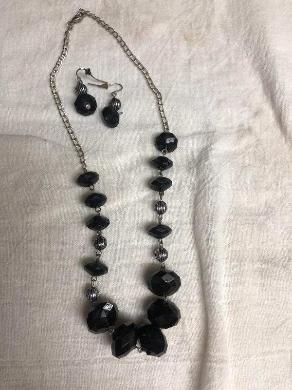 Black Short Beaded Necklace With Matching Pierced Earrings 