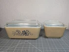 Vintage PYREX Homestead Speckled Tan Blue 1.5pt & 12oz Casserole Refrigerator
