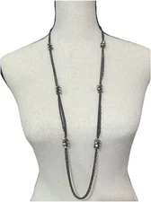 VTG Loft Signed Bronze Tone Flapper Style Long Necklace Rhinestone Layer 34in