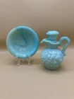 Vintage Avon Blue Milk Glass Pitcher & Bowl Bath Oil Decanter Set
