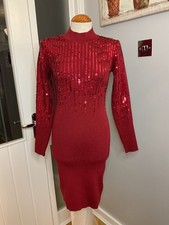 Roman Size Small 10/12 Cherry Red Sequin Embellished Knitted Bodycon Dress