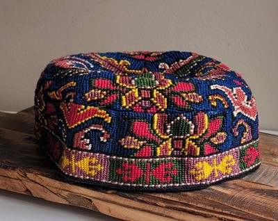 Vintage Silk Embroidered Skullcap Uzbek Tajik Doppi Tubeteika Handmade Hat Cap