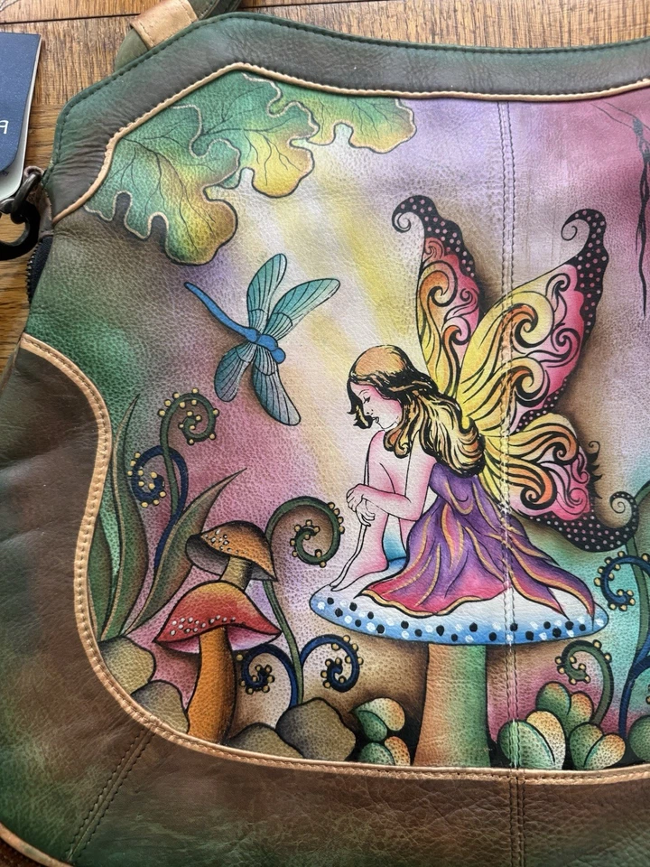 Anuschka Fairy Mushrooms Crossbody Leather Hand Painted Bag Purse Convertible - Image 3 of 4