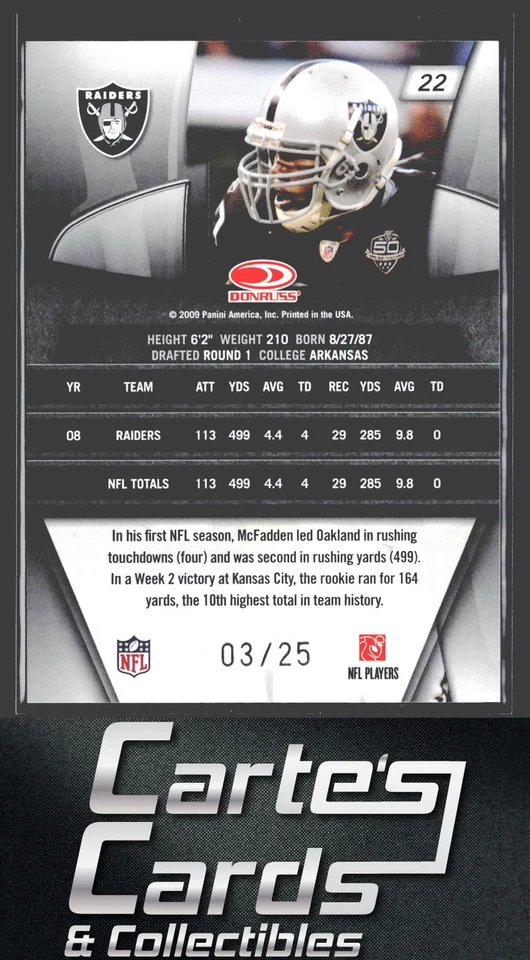 Darren McFadden 2009 Donruss Gridiron Gear #22 Platinum O's Raiders 3/25 - Image 2 of 2