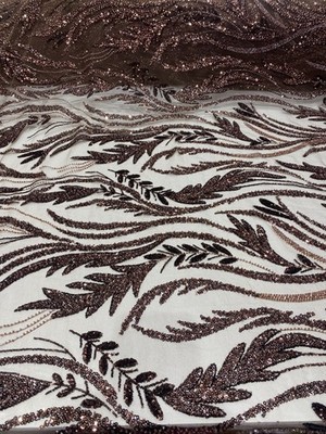 Brown Beaded Leaf Vine Lace Fabric   Luxury Glitter Tulle Embroidery Couture