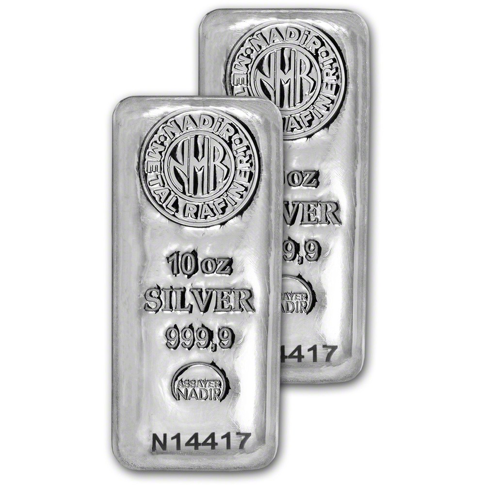 TWO 2 10 oz. Nadir Metal Rafineri Refinery Silver Bar - 999.9 Fine
