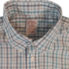 Brooks Brothers Button Down Shirt Men M Blue White Plaid Madison Non-Iron Cotton