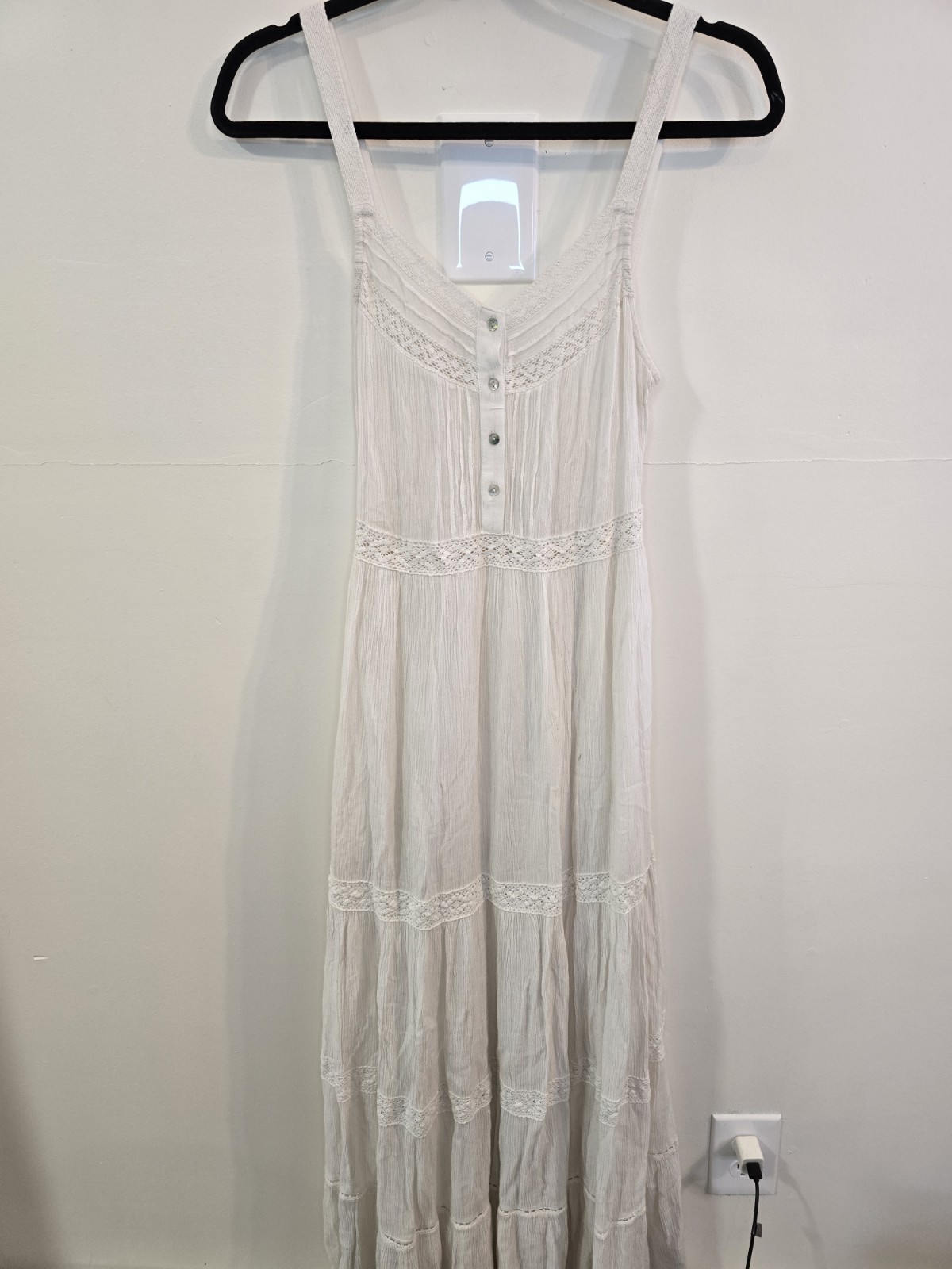 White Sheer Boho Cottagecore Midi Dress Lace Trim Tiered Prairie Sundress M/L