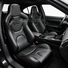 2 Pc Universal Car Bucket Racing Seats Sliders Reclinable Pvcleather Black Line