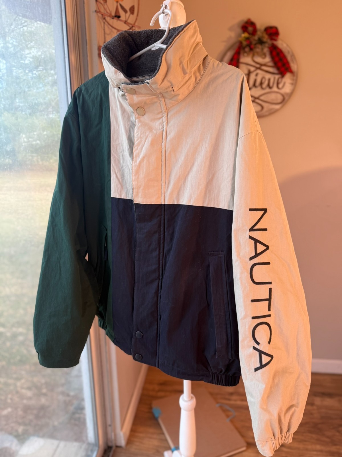 Vtg 90s Y2K NAUTICA Bomber Jacket REVERSIBLE Coat Hood COLORBLOCK N83 Preppy