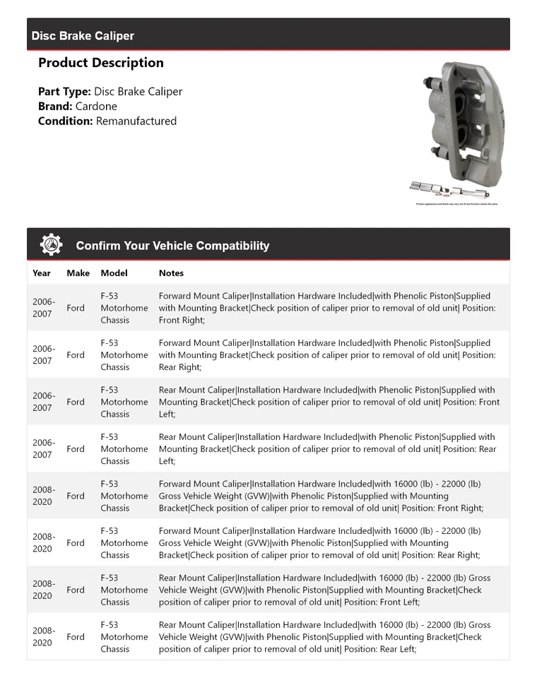 For 2006-2020 Ford F-53 Motorhome Chassis Disc Brake Caliper Cardone 2007 2008 - Image 2 of 4