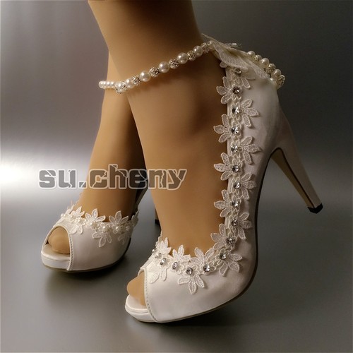 Zapatos de boda su.cheny 3"" 4"" tacón satén blanco marfil encaje tobilla puntera abierta talla - Imagen 11 de 29