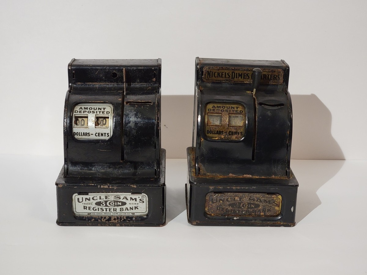 2 x Lot of Vintage Uncle Sam's 3 Coin Register Bank Metal Black | eBay