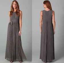 Halston Heritage Pleated Long Dress Ash Grey chiffon polyester maxi belted crew