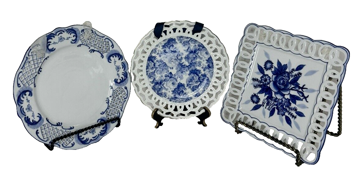 Vintage Three (3) Blue & White Floral Porcelain Plates Wall Hanging Decor