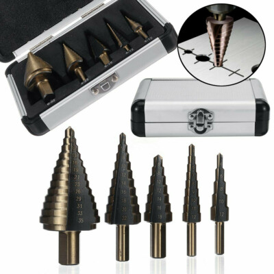 5pcs HSS High Speed Steel Cobalt Titanium Step Drill Bit Multiple Hole w/ Case
