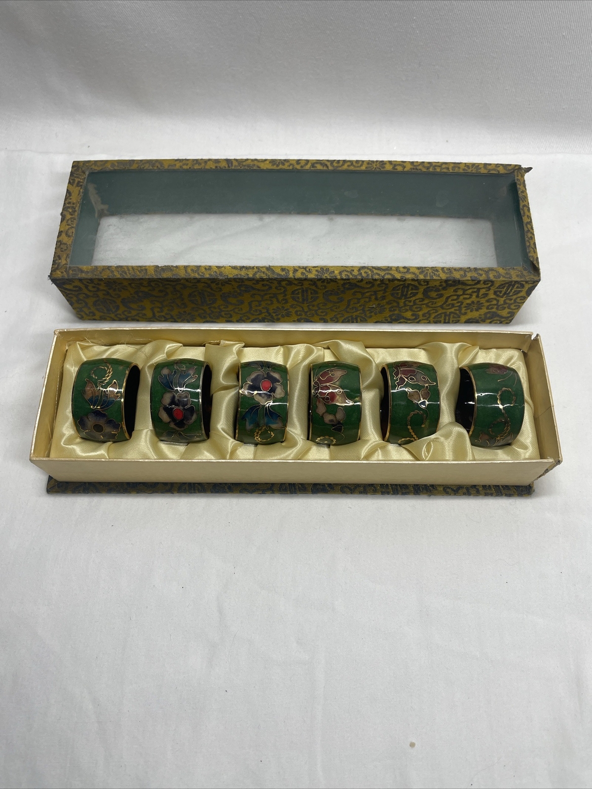 Vintage Chinese Set of 6 Cloisonne Enamel Brass Floral Napkin Rings
