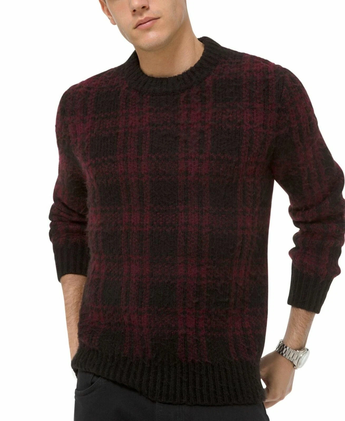 Michael Kors Plaid Wool Blend Textured Knit Sweater sz XL Black Red