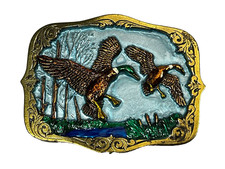 Vintage 1987 Mallard Ducks Belt Buckle Flying onto Lake Embossed Made in USA