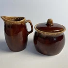 Vtg Hull Oven safe Pottery Brown Drip Glaze Cream & Sugar Bowl Set USA *flaw
