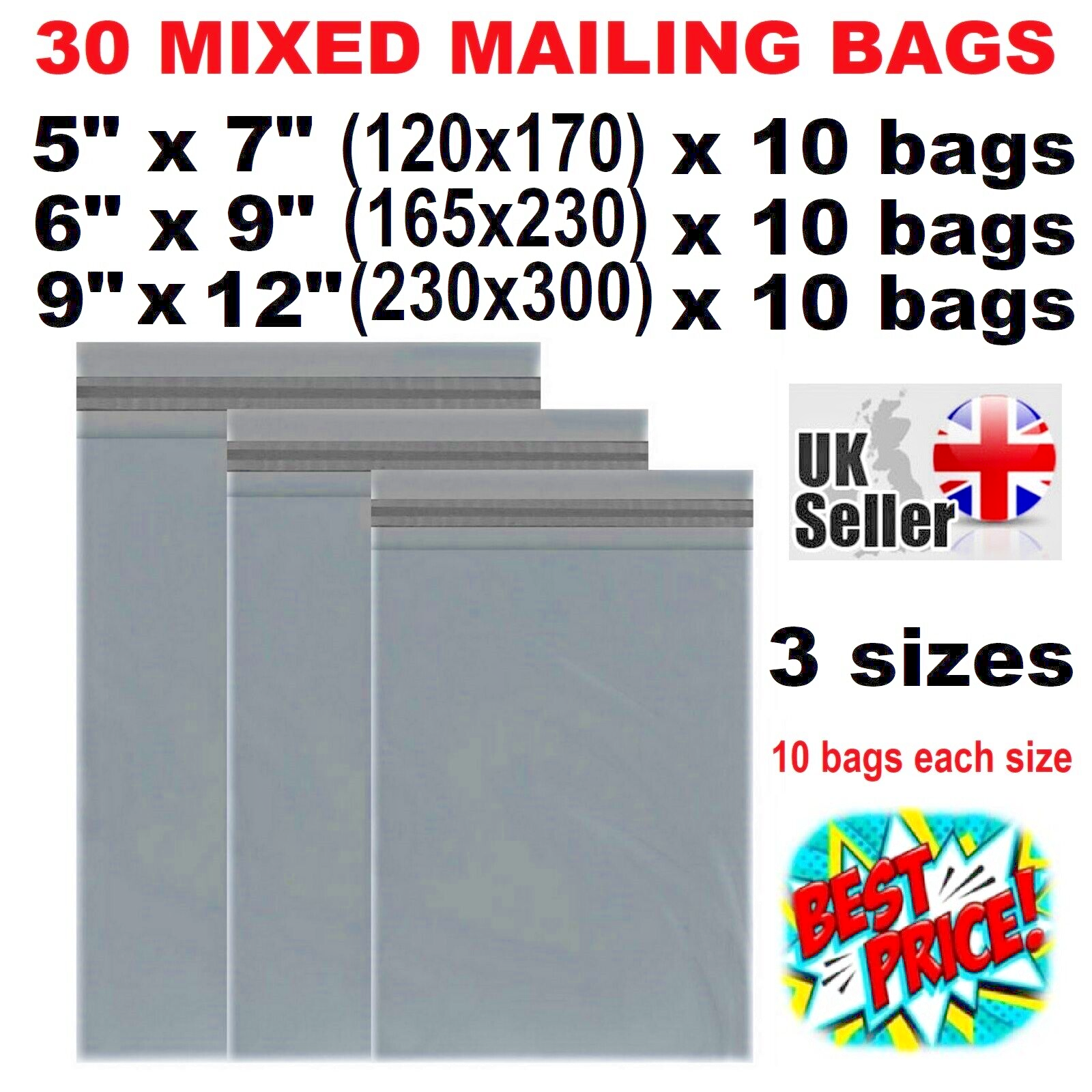 Mailing Postage Bags Mixed Sizes Parcel Postal Grey Strong Seal Poly Mailers x30