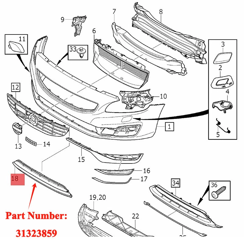 Bumper Grill w/ Sensor Holes For Volvo S60 V60 2014+ Front Lower Grille 31323859 - Imagem 2 de 4