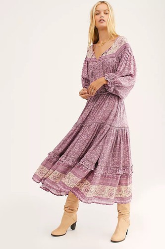 Spell & the Gypsy Dahlia Tiered Maxi Dress Gown XS Mulberry Boho #2D456