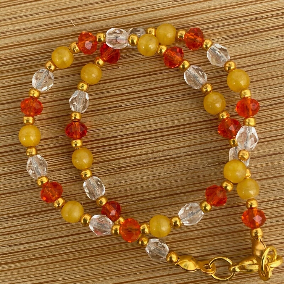Handmade Anklet Orange, Clear Yellow Czech Glass Beads Gold Tone Metal 10" Long - Image 2 of 4