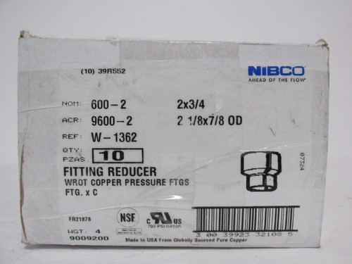 NIBCO Part #39R552 Fitting Reducer 2 x 3/4 WROT Copper Pressure Ftg Box of 10