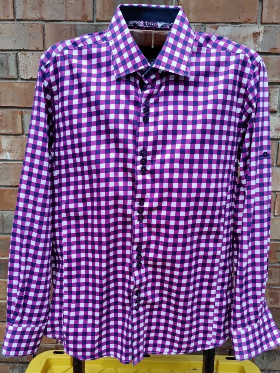 Au Noir Blue Purple and White Checks 3 x 5 Button Placket French Cuffs