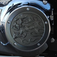Chrome Dome Black Textured Powder Coat Flaming Skull Derby Cover - DCFSB-2