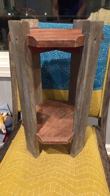 Mid Century Wood Arts And Crafts Plant Stand Vintage Orange Red Blue Gray