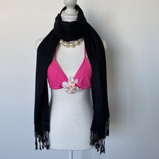 Multifunctional Black Solid Rectangle Scarf Wrap Shawl With Fringe Accent