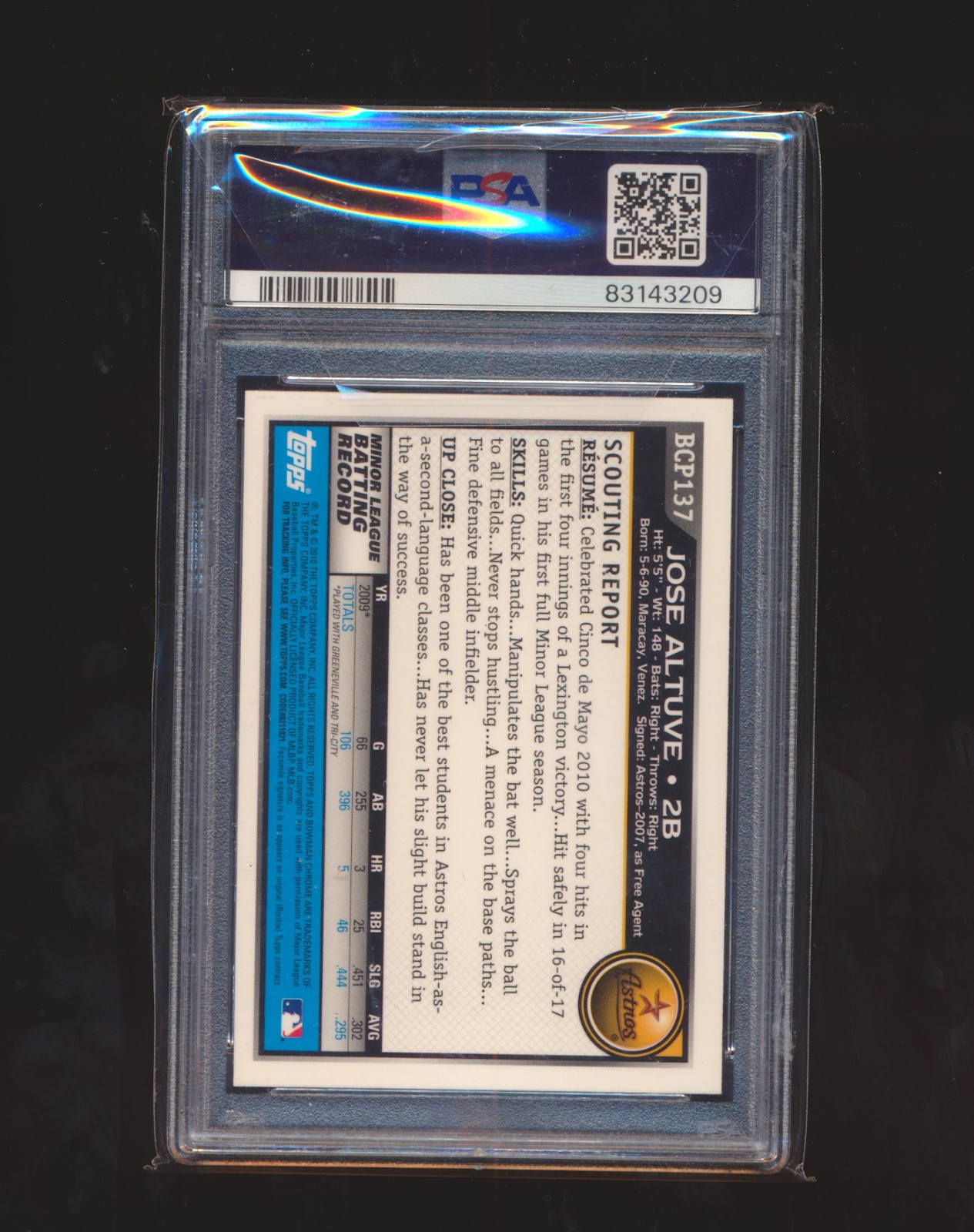 2010 BOWMAN CHROME PROSPECTS JOSE ALTUVE #BCP137/ PSA/DNA CERT SIGNED AUTO view 2