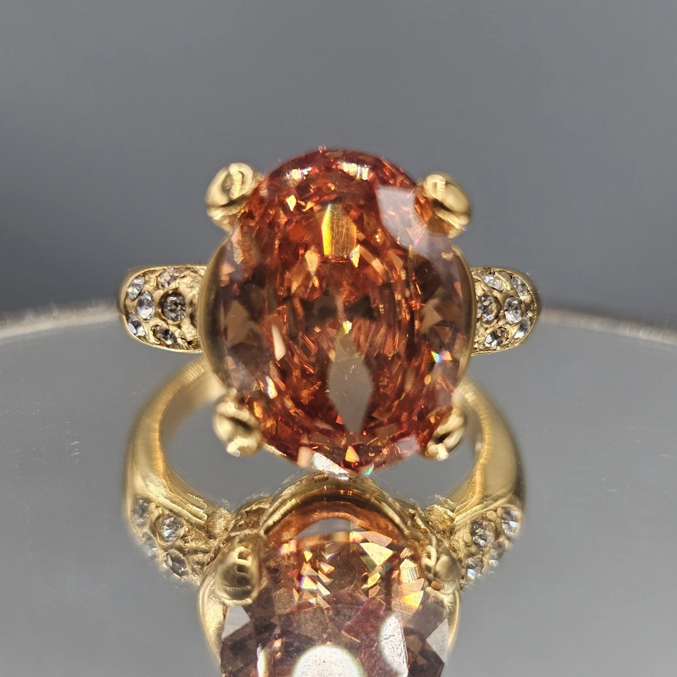 Orange CZ Cocktail Ring Gold Tone Stainless Steel Clear Accents Sz 9.5 - Image 4 of 4