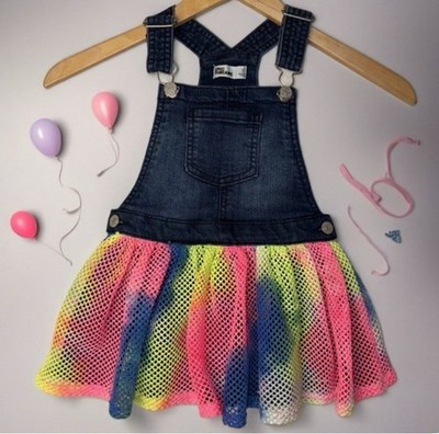 Epic Threads Bib Overall Dress Girls 3T Tie Dye Dark Denim Lined Open Weave