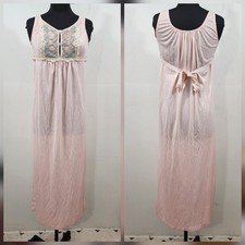 Vintage Komar Pink Maxi Full Length Nightgown Sz S Lace Nylon USA Cottage Core