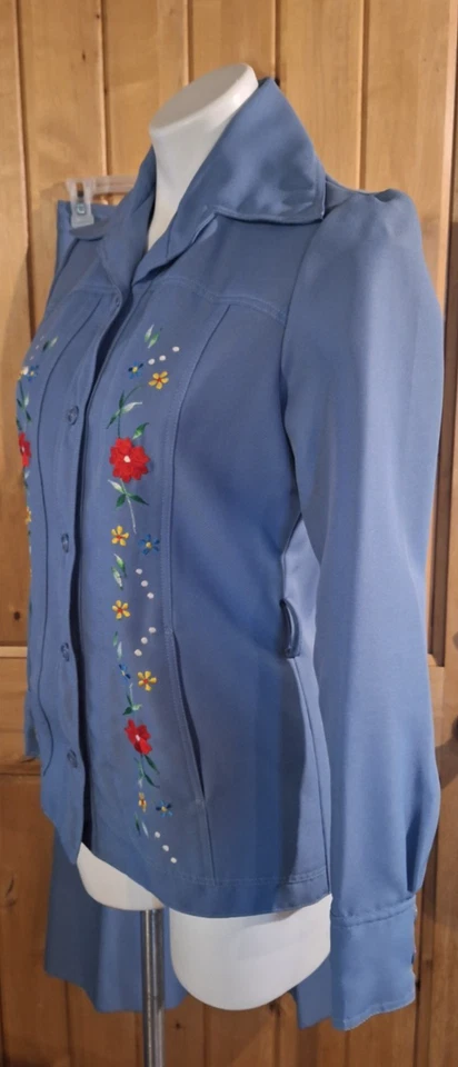 Traje Chaqueta Pantalones Rockabilly Western Años 70 Azul Floral Bordado Foto 4 de 4