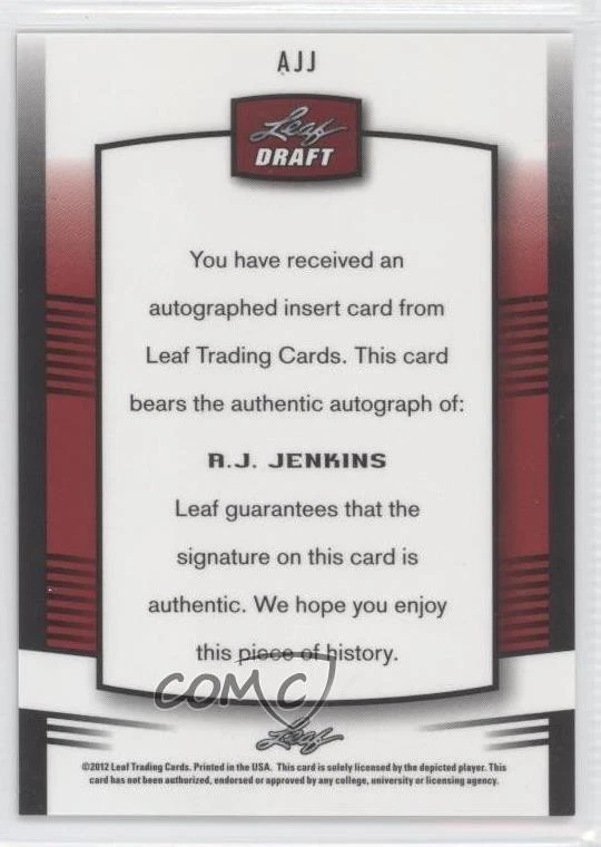2012 Leaf Metal Draft AJ Jenkins #AJJ Rookie Auto RC - Image 2 of 2