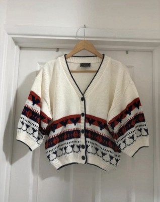 Damen Fairisle 1980er Vintage Baumwollmischung Cropped Strick Cardigan Gr. M 12-14