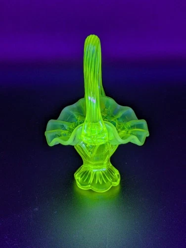 Fenton Topaz Opalescent Vaseline Mini Basket Ruffled Edge Glows Brightly