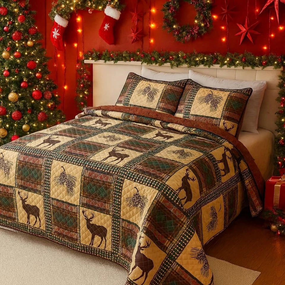 3-Piece Christmas Tree Quilts Set Queen Size Bedding Set Reversible（88"X92"） - Image 4 of 4