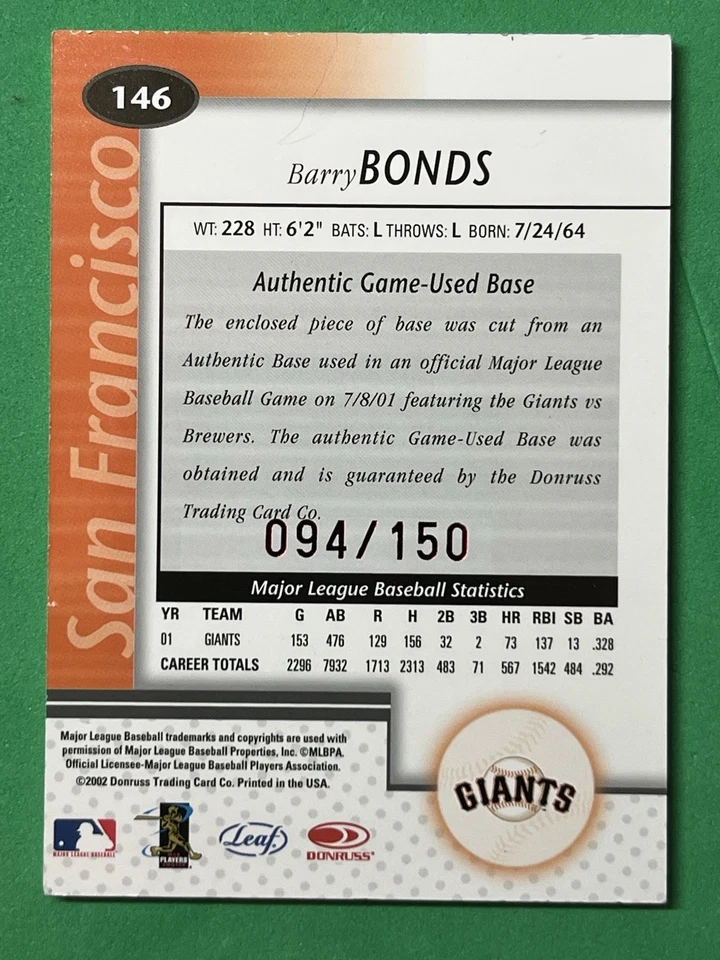 2002 Leaf Certified - Barry Bonds #146 Mirror Red /150 Game Used Base - Image 2 of 4